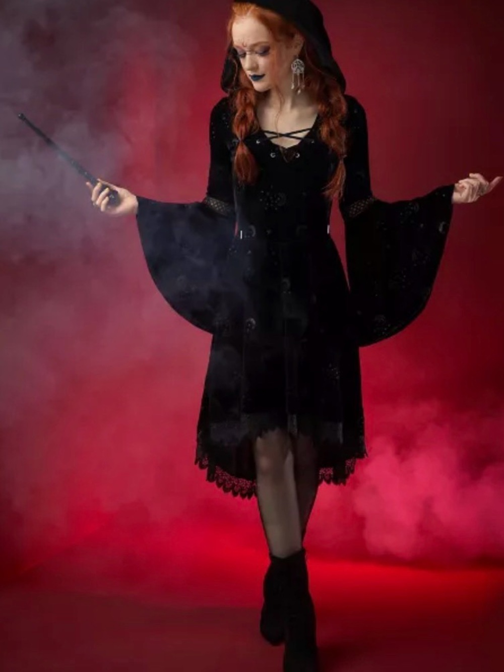 Gothic Hooded Black Velvet Dress with Bell Sleeves Size S